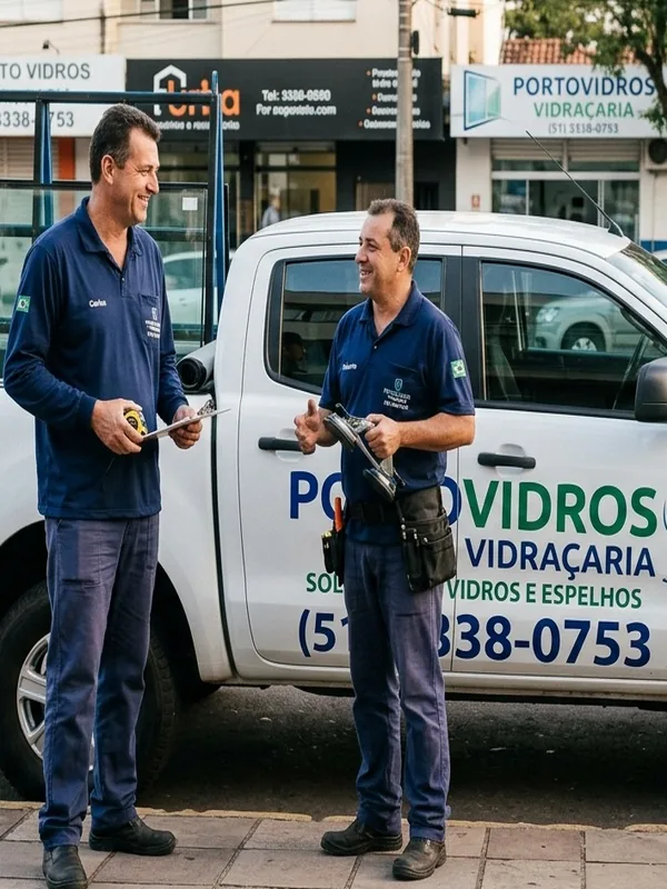 Equipe da Portovidros instalando box de vidro para banheiro em Alvorada RS